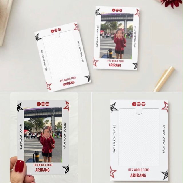 Polarang: polaroid em moldura branca com estrelas vermelhas e pretas e a inscrição São Paulo, out. 26. Aparece vazia e com a foto de uma fã em frente ao estádio.